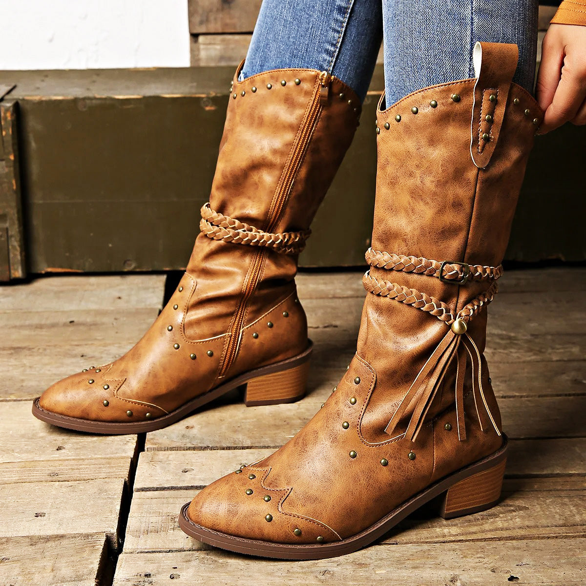 Women's Western Boots - Faux Leather, Studded Details, Braided Strap, Pointed Toe