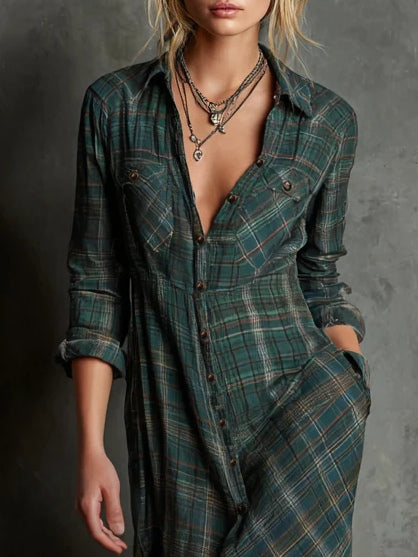 Elegant Green Plaid Lapel Single-Breasted Shirt Dress for a Chic and Sophisticated Look