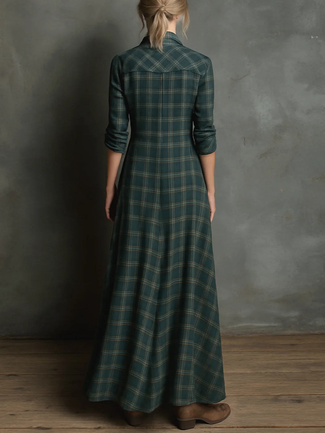 Elegant Green Plaid Lapel Single-Breasted Shirt Dress for a Chic and Sophisticated Look