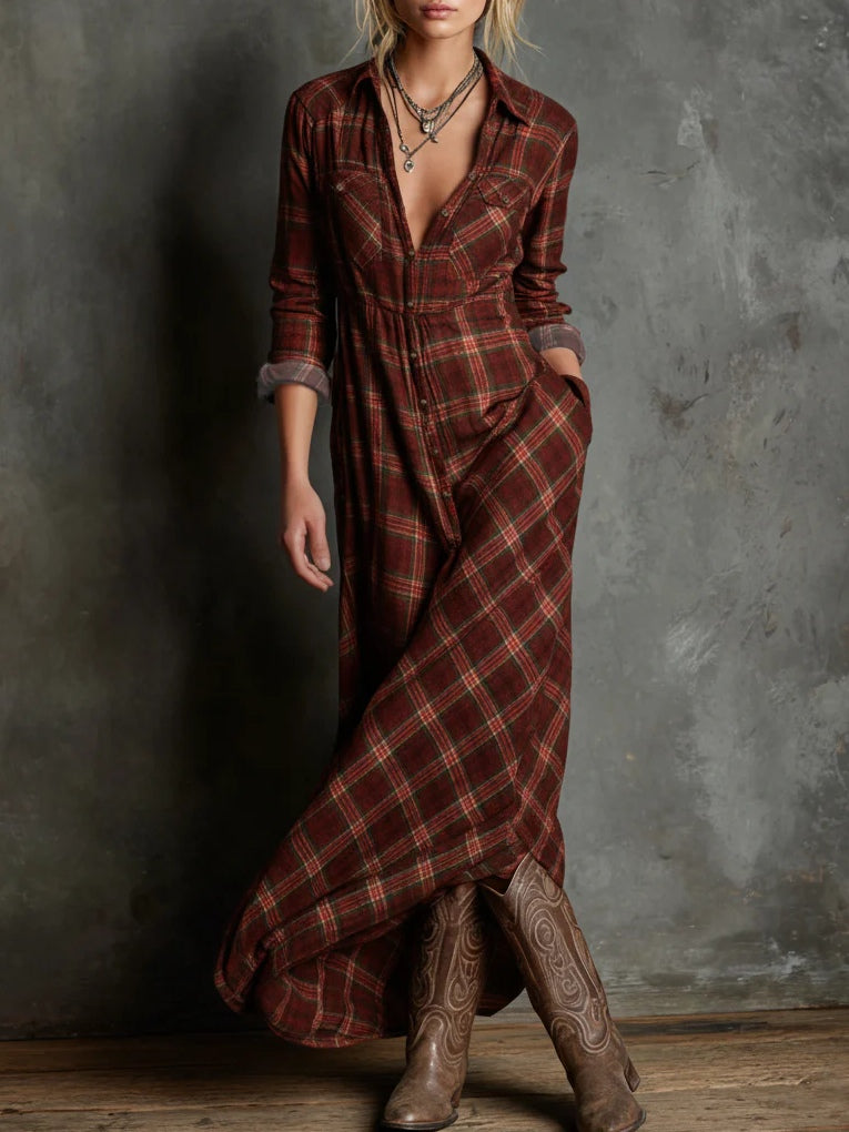 Elegant Green Plaid Lapel Single-Breasted Shirt Dress for a Chic and Sophisticated Look