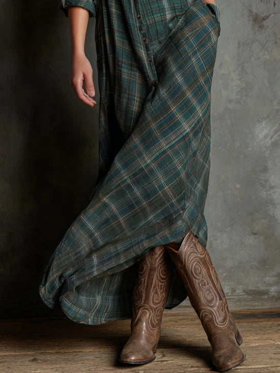 Elegant Green Plaid Lapel Single-Breasted Shirt Dress for a Chic and Sophisticated Look
