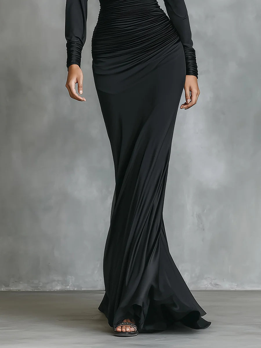 Elegant Long Mermaid Evening Gown in Black Satin with Off-Shoulder and Ruffle Details
