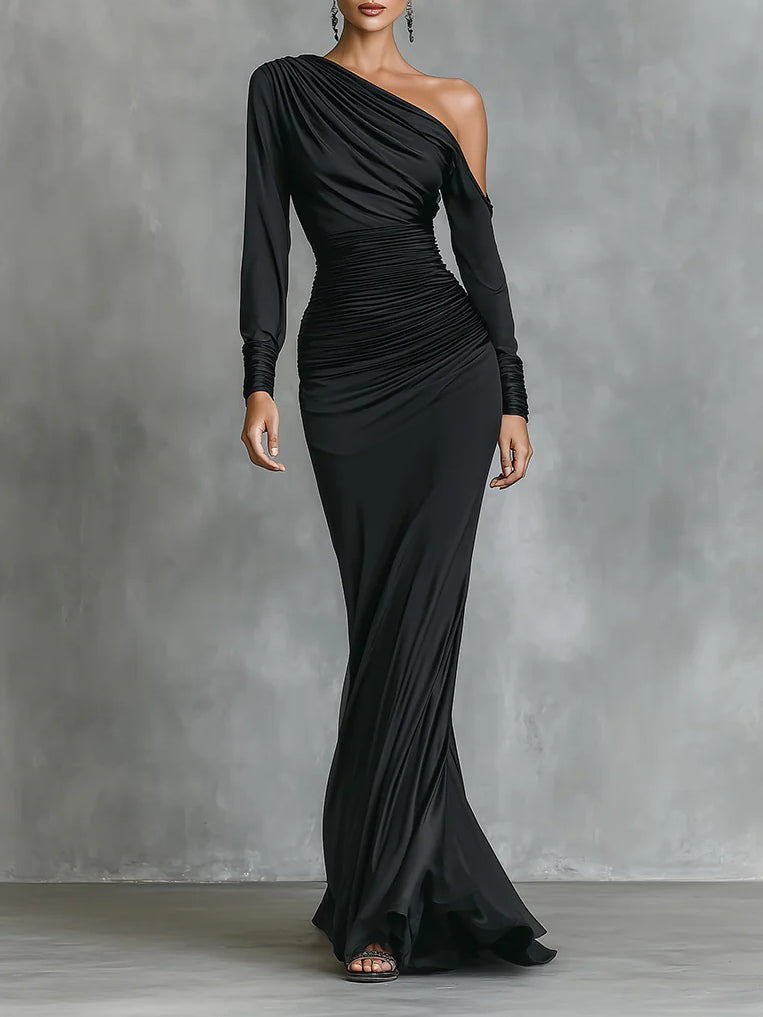 Elegant Long Mermaid Evening Gown in Black Satin with Off-Shoulder and Ruffle Details