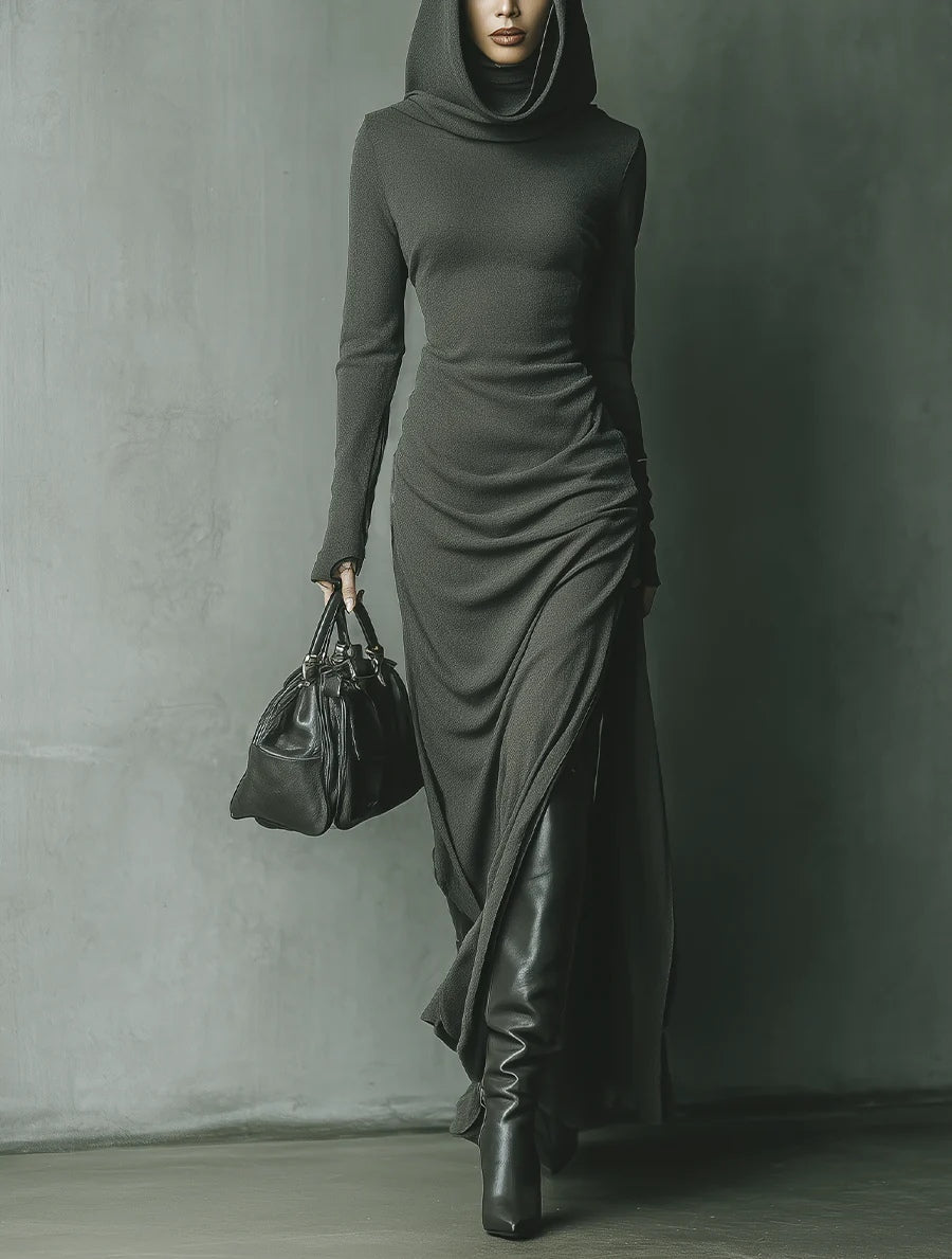 Dark Gray Hooded Long Maxi Knit Dress with High Elasticity