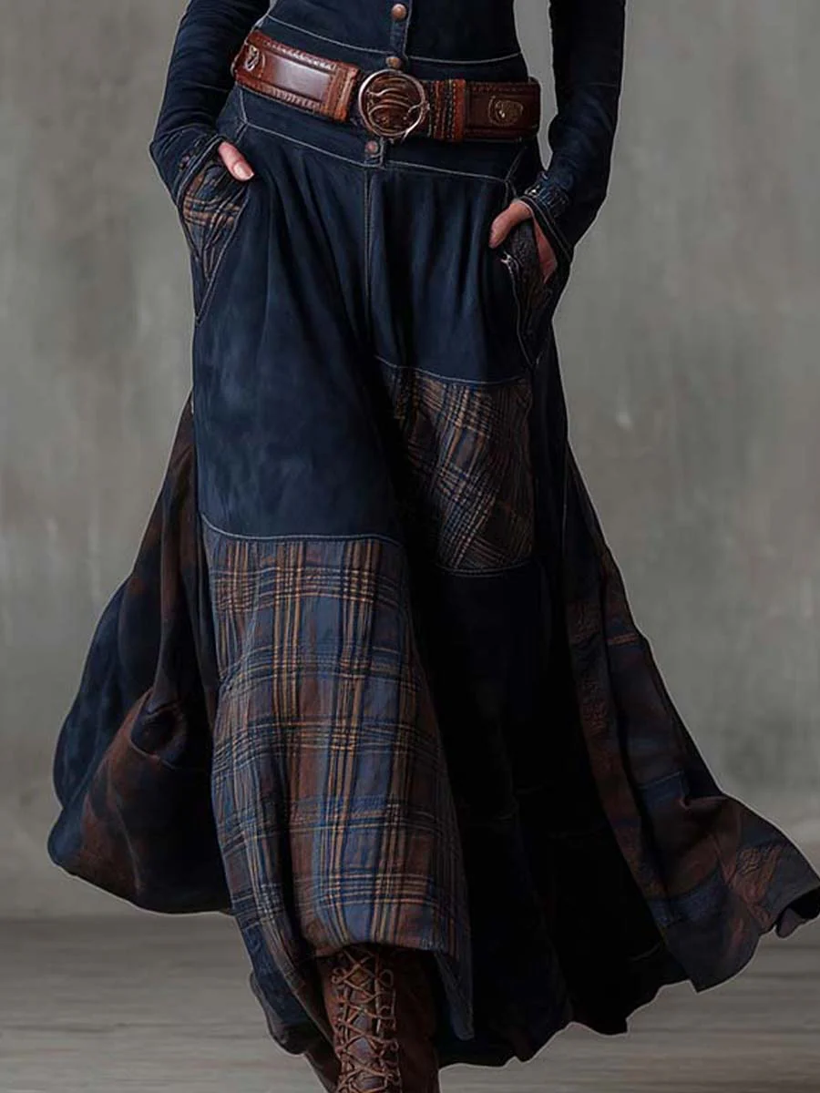 Vintage Maxi Suede Dress with Plaid Navy Pattern and Belt for an Elegant and Authentic Style