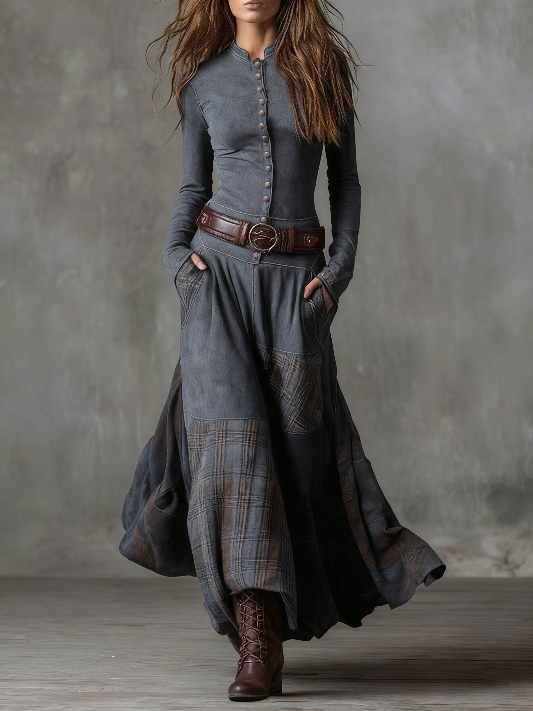 Vintage Maxi Suede Dress with Plaid Navy Pattern and Belt for an Elegant and Authentic Style
