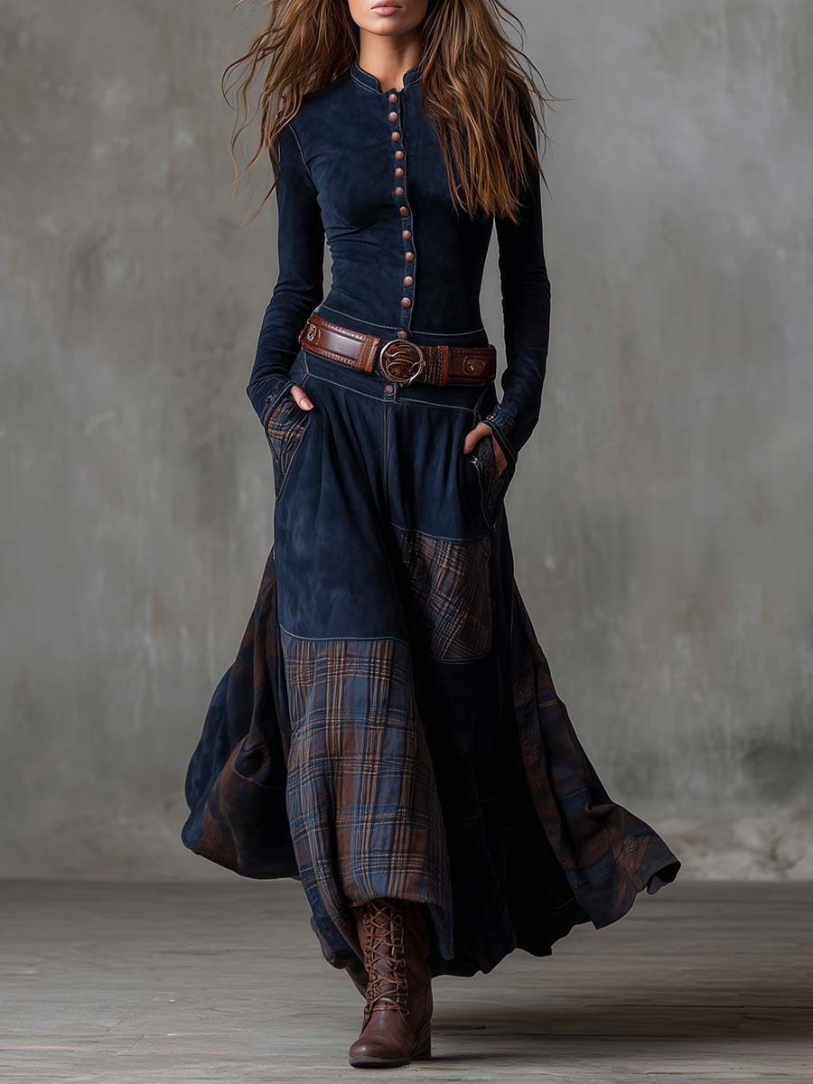 Vintage Maxi Suede Dress with Plaid Navy Pattern and Belt for an Elegant and Authentic Style