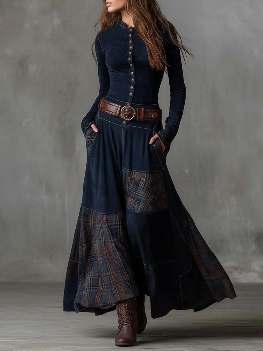 Vintage Maxi Suede Dress with Plaid Navy Pattern and Belt for an Elegant and Authentic Style