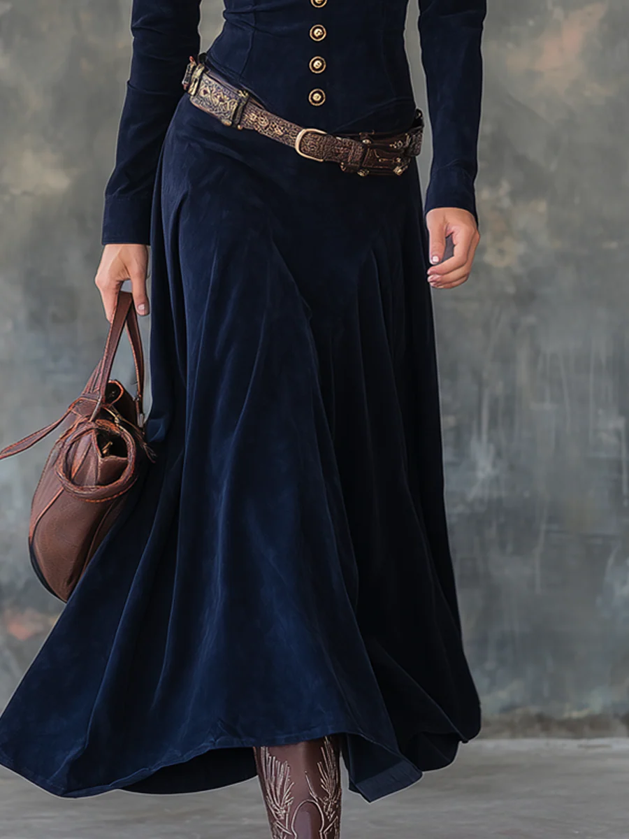 Elegant vintage flap pocket polyester suede maxi dress with stylish belt