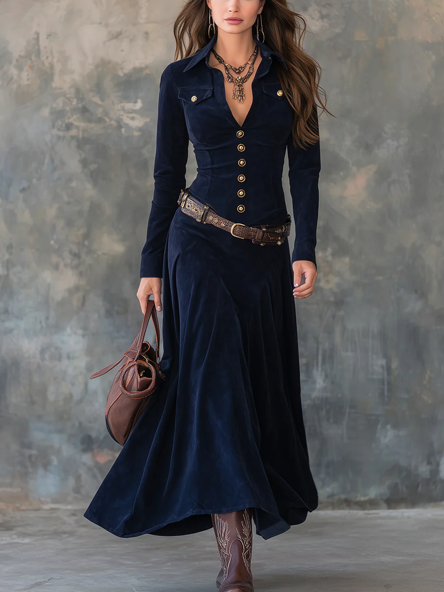 Elegant vintage flap pocket polyester suede maxi dress with stylish belt