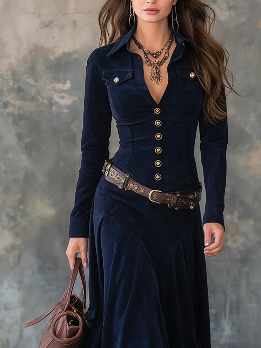 Elegant vintage flap pocket polyester suede maxi dress with stylish belt