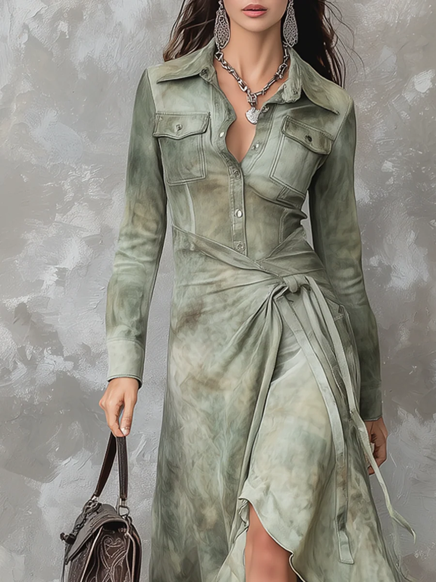 Chic Vintage Sage Green Tie-Dye Pocket Slim Maxi Dress - Perfect for Stylish Comfort