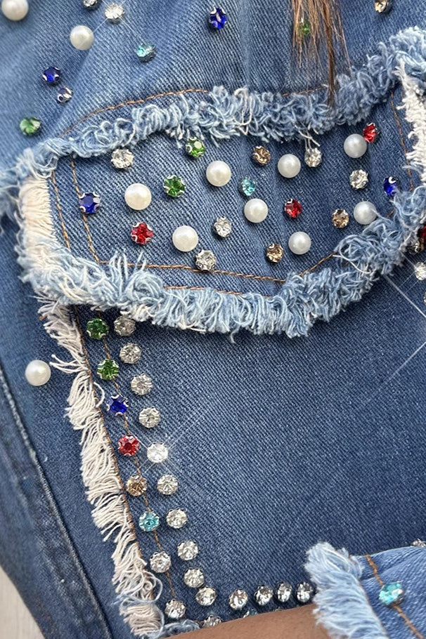 Long-sleeve denim coat with contrasting pearl details