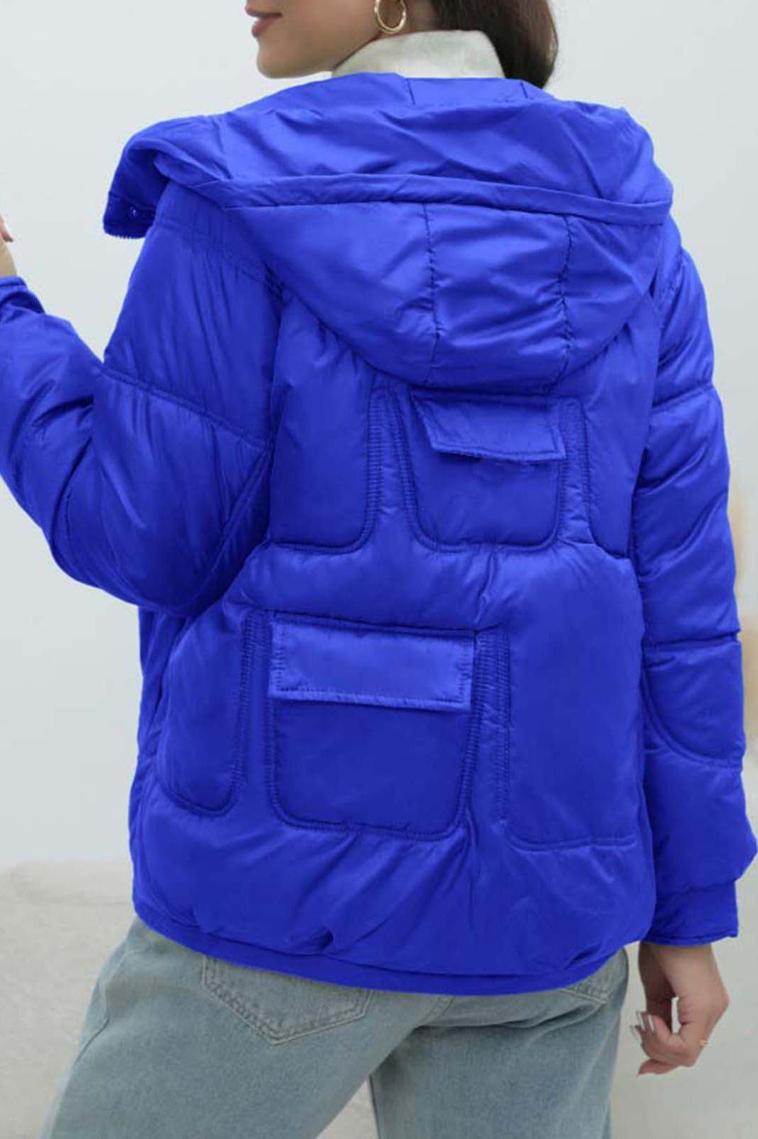 Bright colorful down coat with a short collar