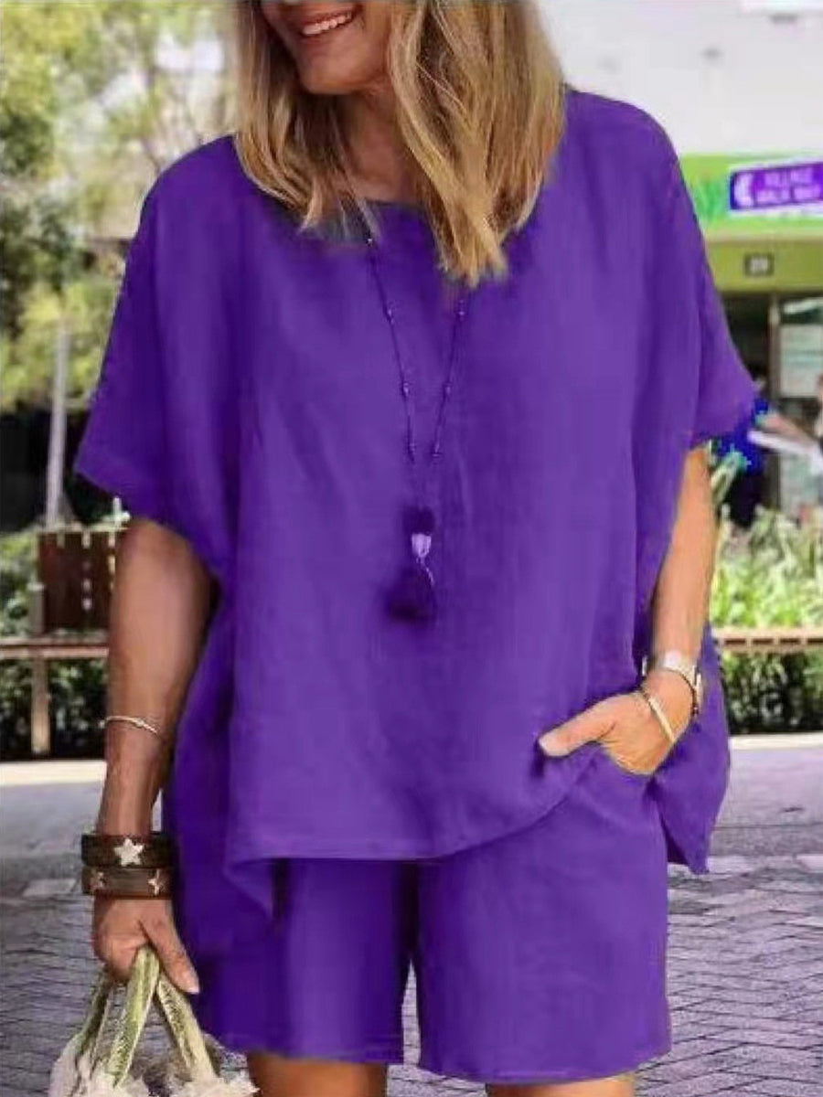 Short Sleeve Two-Piece Linen Set with Loose Shorts
