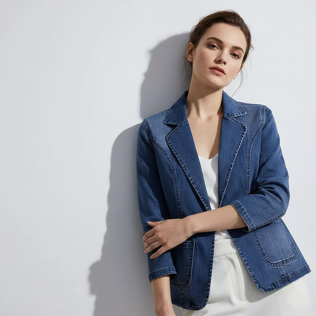 Theodora Organic Denim Blazer – Elegant and Sustainable Style for Any Occasion
