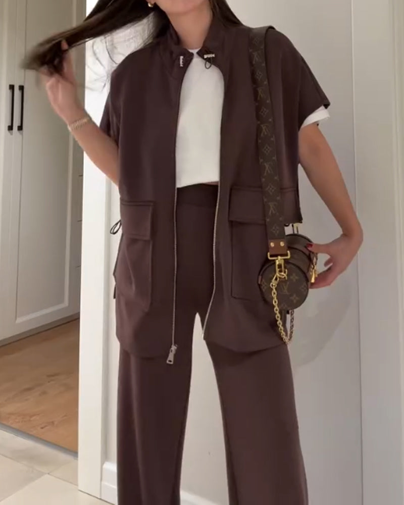 Elegant ensemble with trendy top and stretch waistband pants for a perfect look