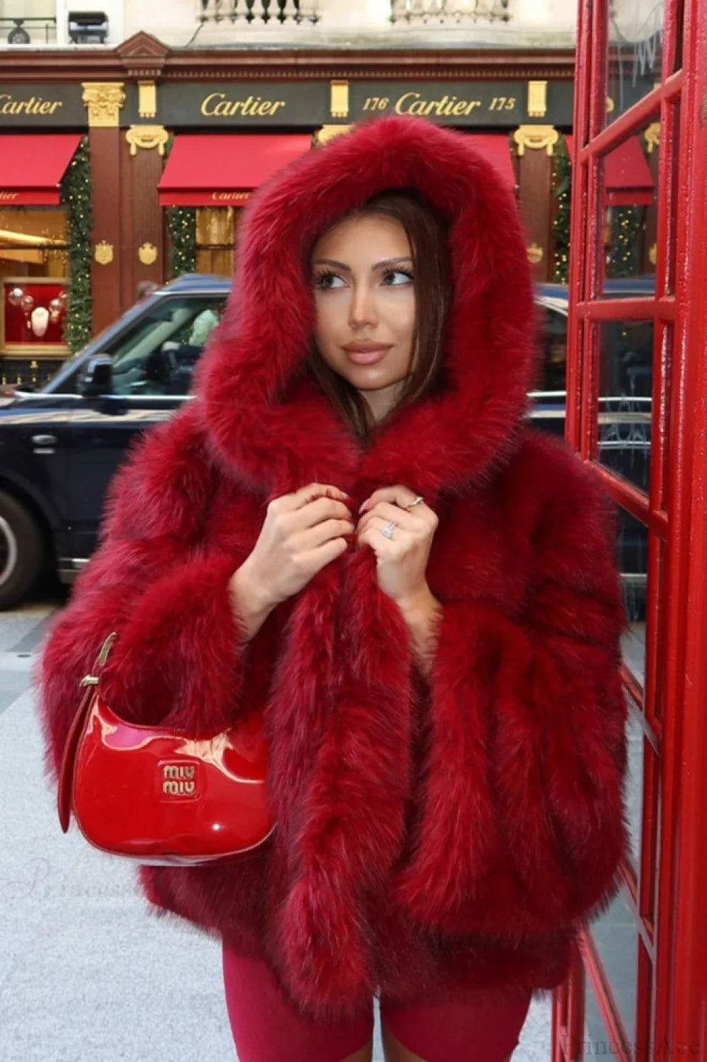 Elegant Angora Red Faux Fox Fur Cropped Hooded Coat for a Stylish Look