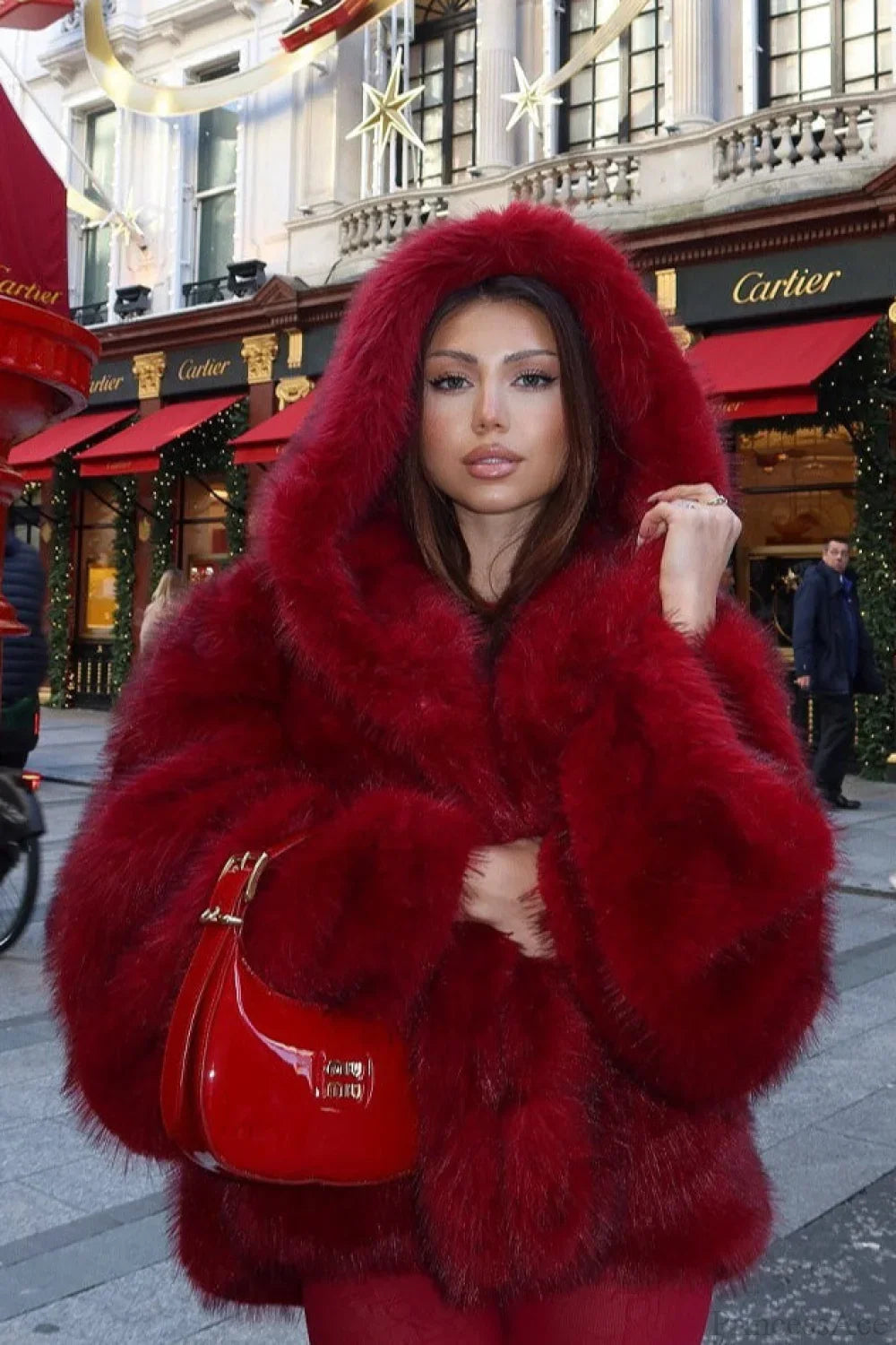 Elegant Angora Red Faux Fox Fur Cropped Hooded Coat for a Stylish Look