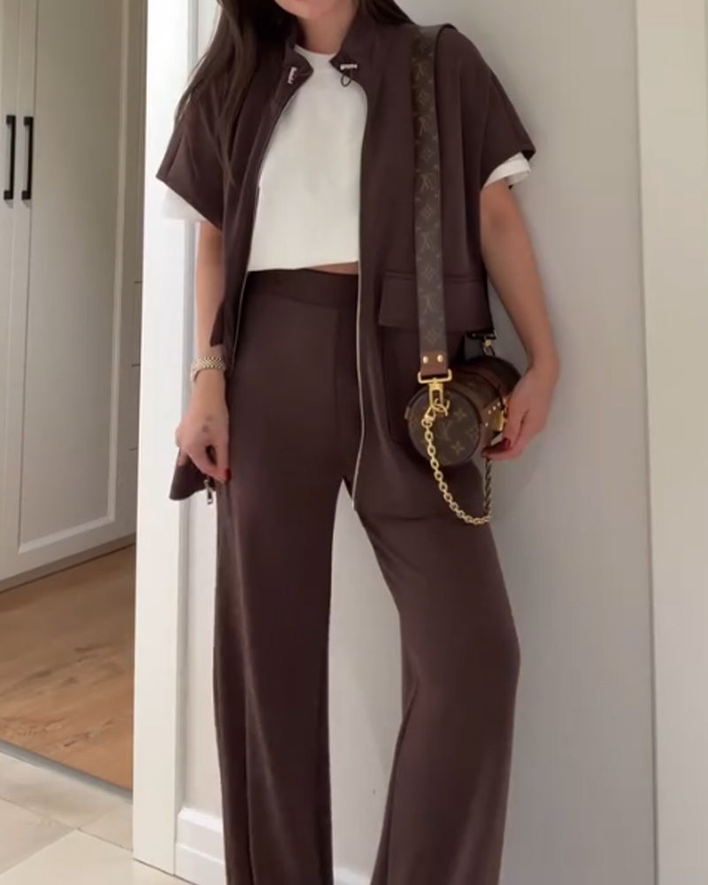 Elegant ensemble with trendy top and stretch waistband pants for a perfect look