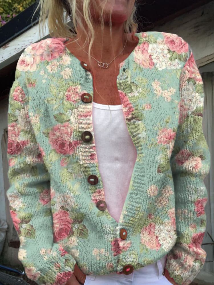 Vintage Floral Cardigan - Timeless Bloom Design, Cozy Knit