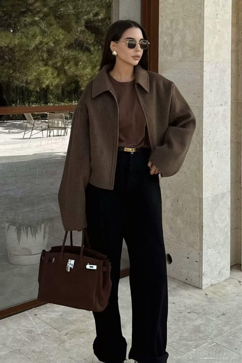 Short Wool Coat with Lapel Collar in Minimalist Style