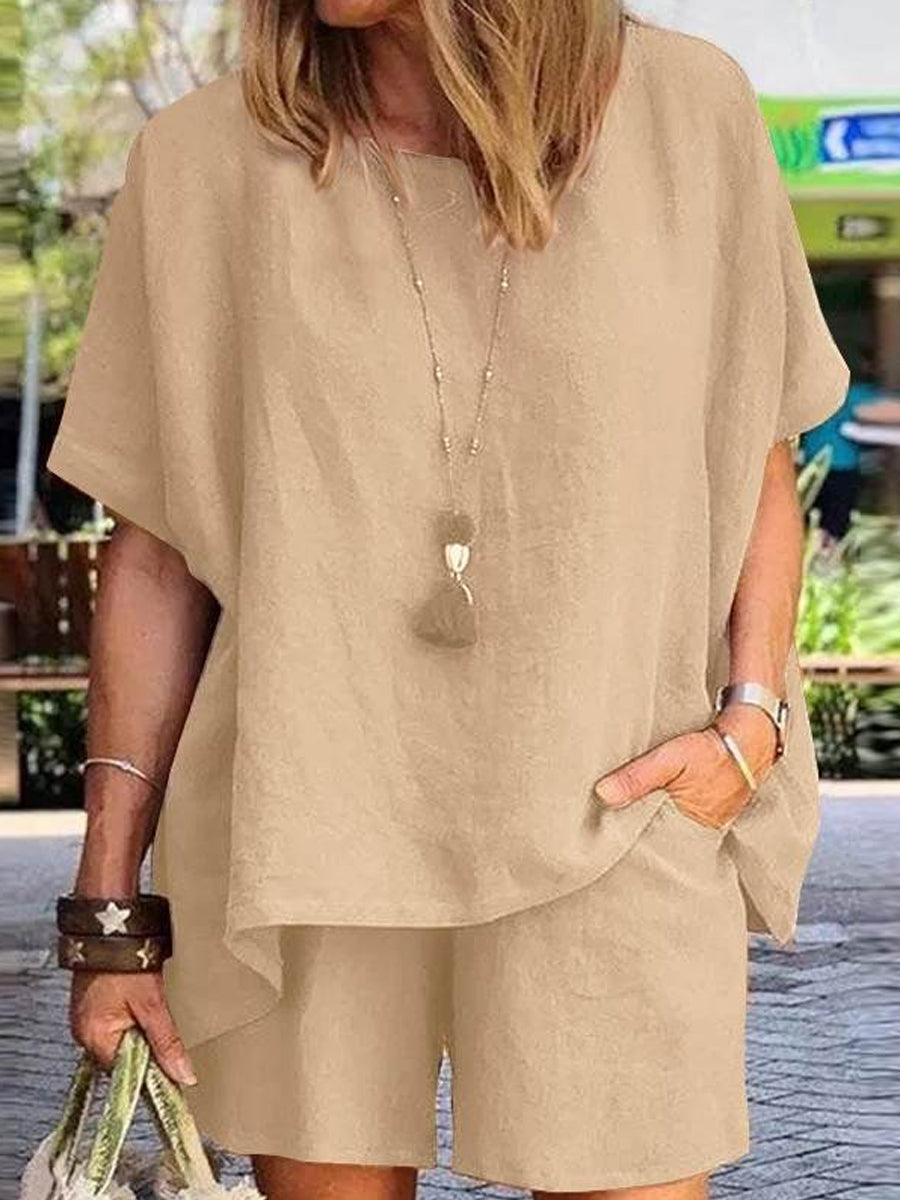 Short Sleeve Two-Piece Linen Set with Loose Shorts