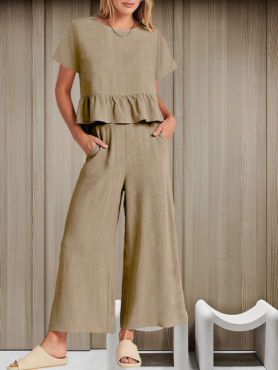 Two-piece ensemble with pleated short-sleeve blazer