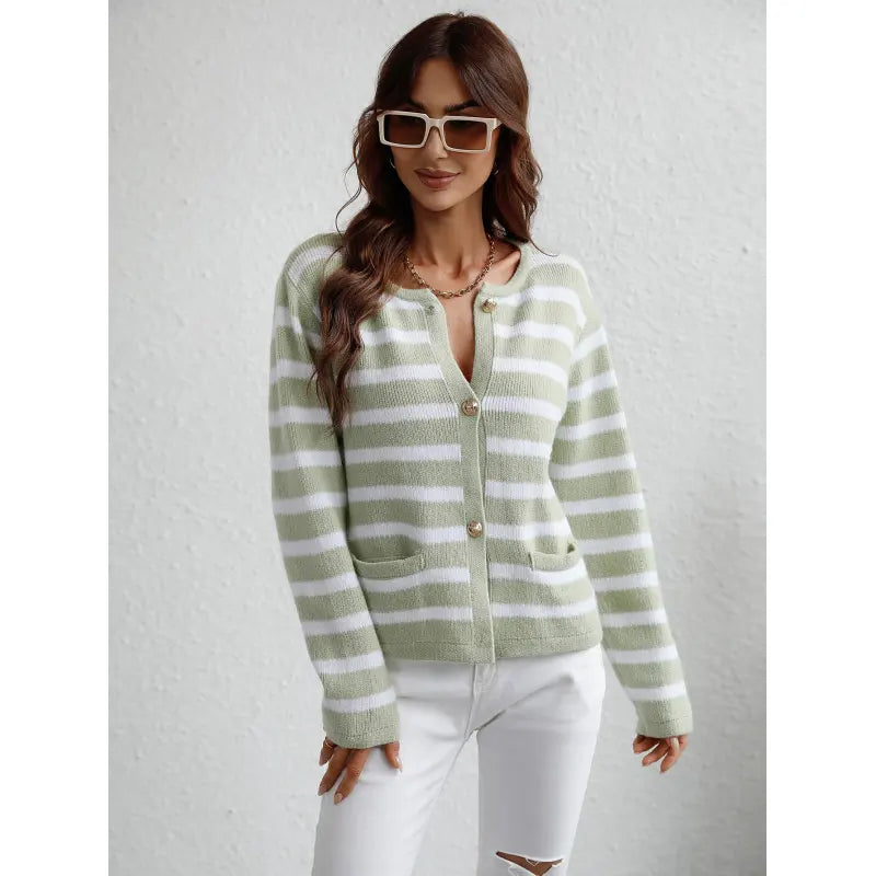 Women's Striped Button-Front Cardigan for Effortless Classic Casual Style