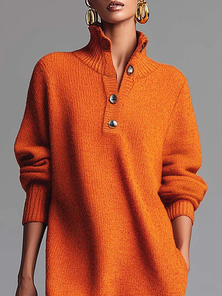 Vibrant Orange Long Knitted Robe with Button Closure and Collar