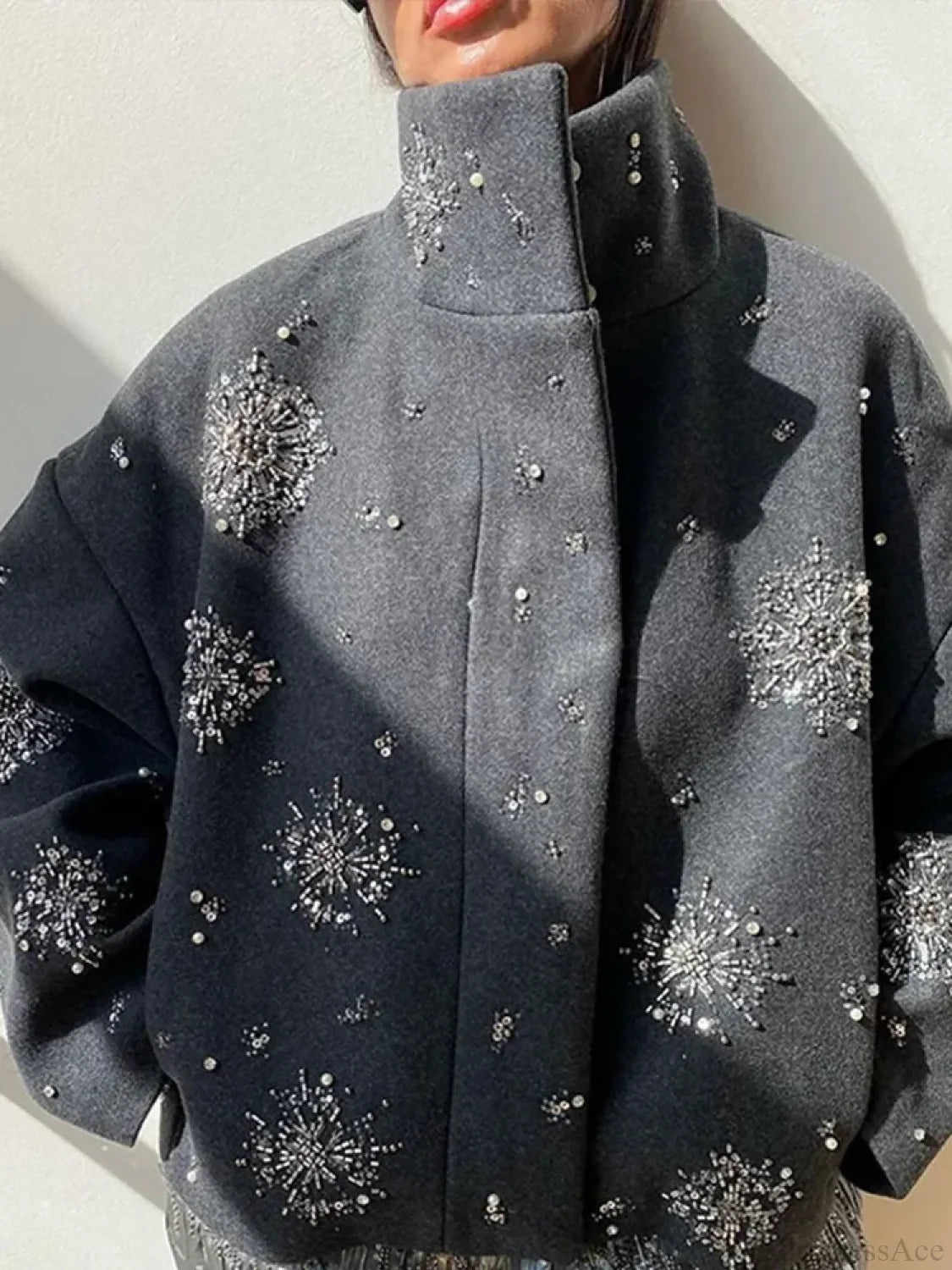 Oversized collar coat with floral embroidery in beads and sequins