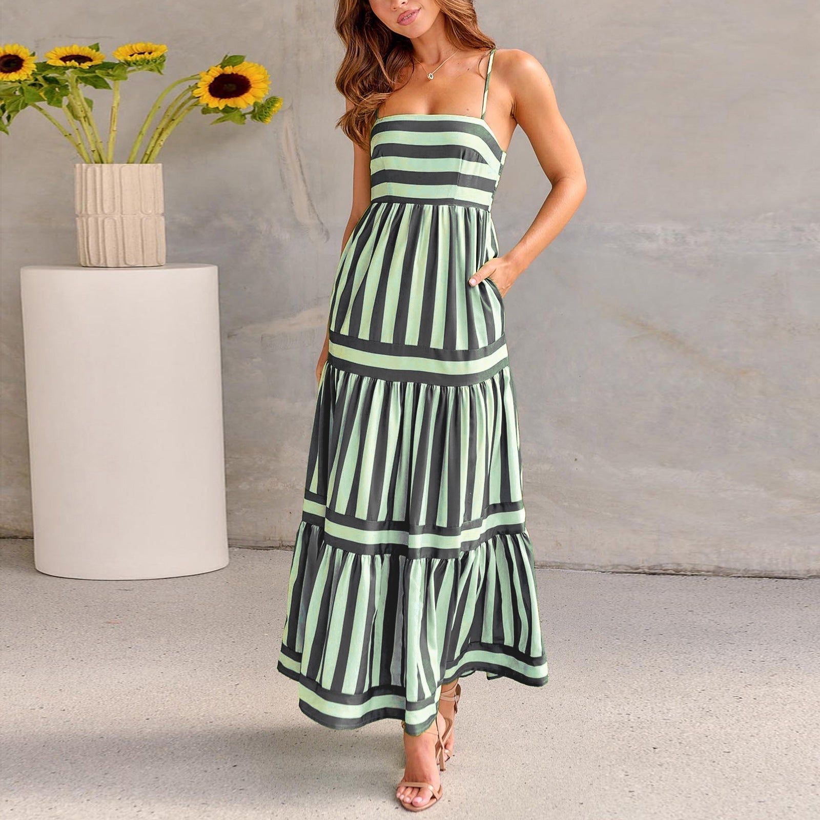 Marisol Striped Maxi Dress with Adjustable Straps and Convenient Pockets
