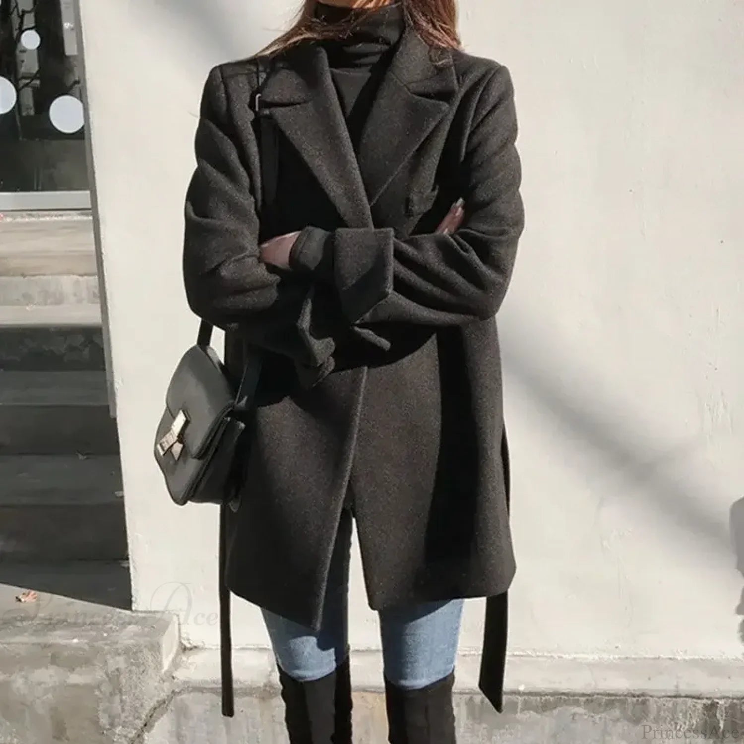 Elegant Black Wool Coat with Lacing and Lace Design