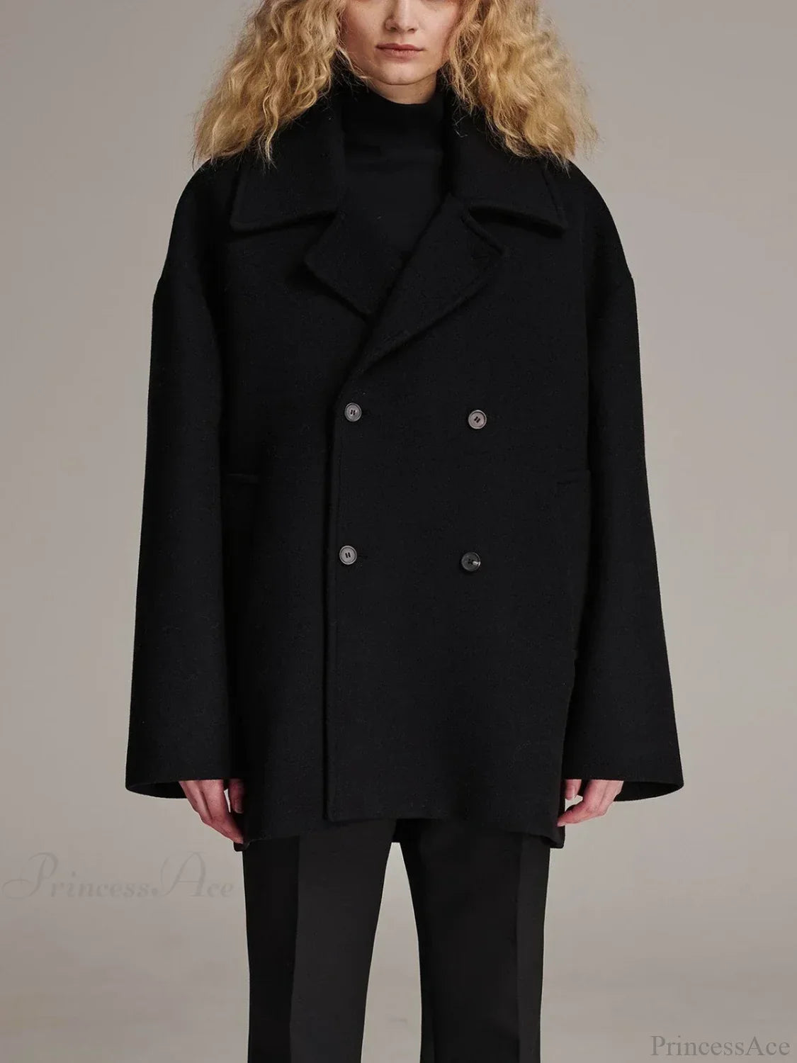 Elegant Black Wool Slim Long Reversible Single-Breasted Coat