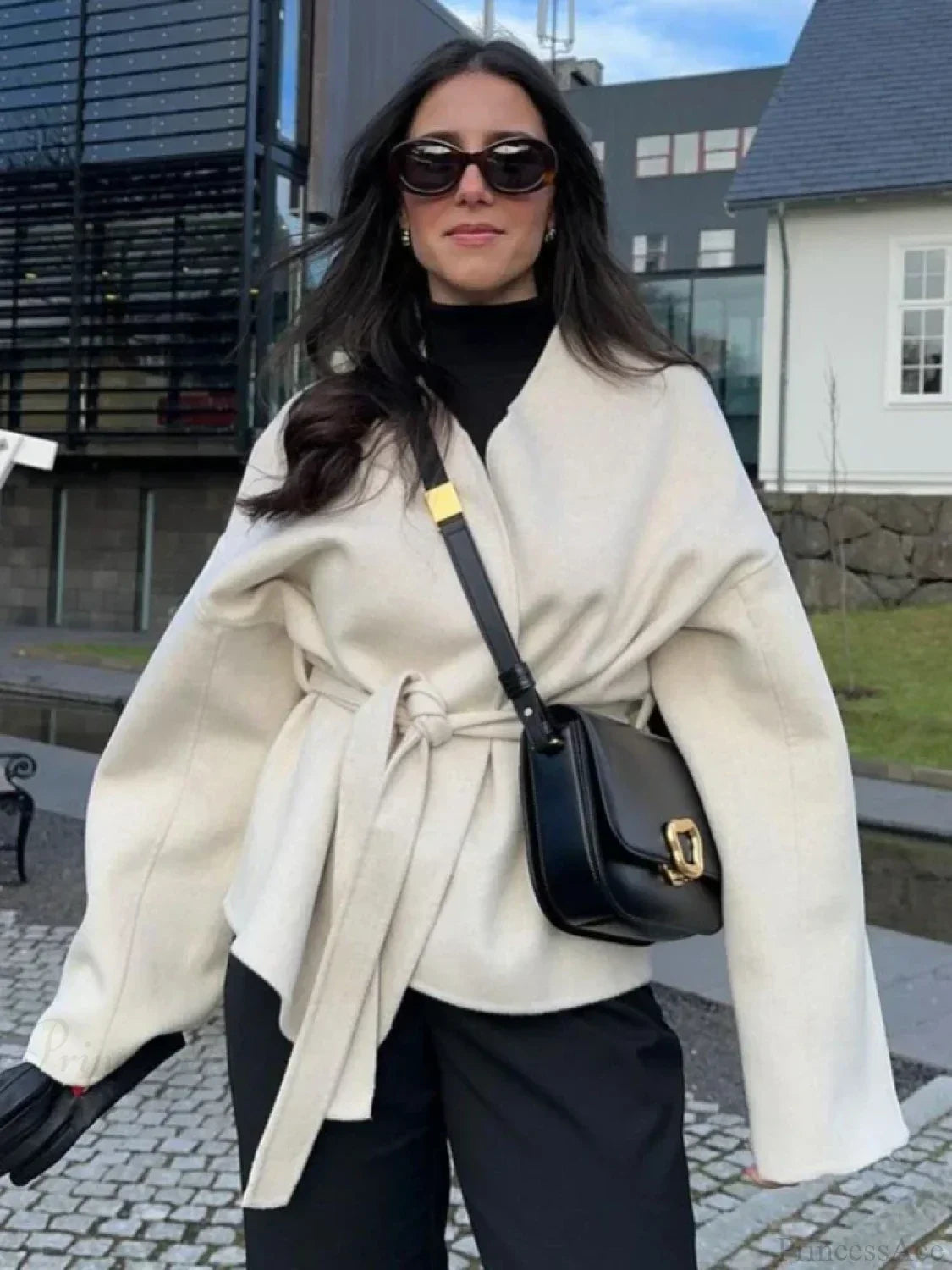 Elegant Bow Tie Lace-Up V-Neck Belted Overcoat for a Chic and Sophisticated Look