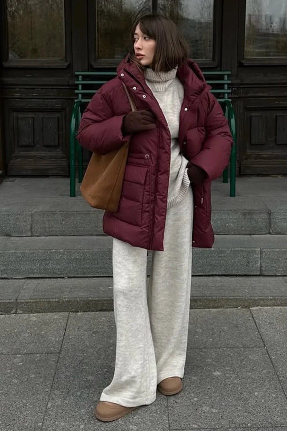 Burgundy Cotton Hoodie Jacket with Tie Belt and Elegant Zipper