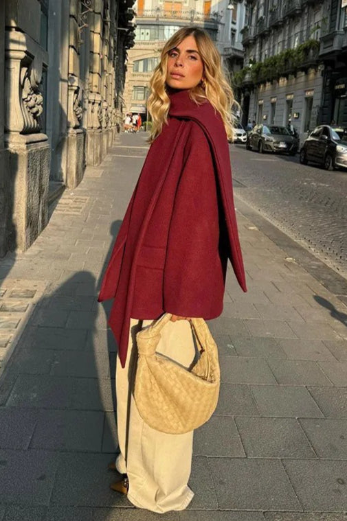 Wool coat with scarf collar and single-button closure