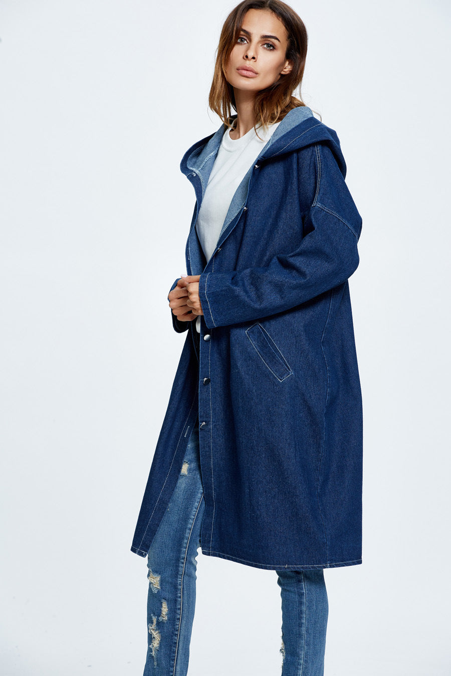Casual Long Hooded Denim Coat for Stylish Comfort