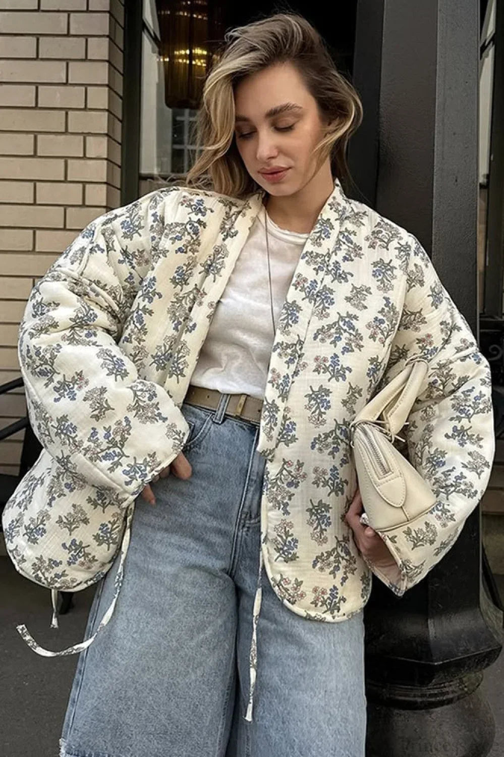 Casual Versatile Printed V-Neck Drawstring Padded Coat