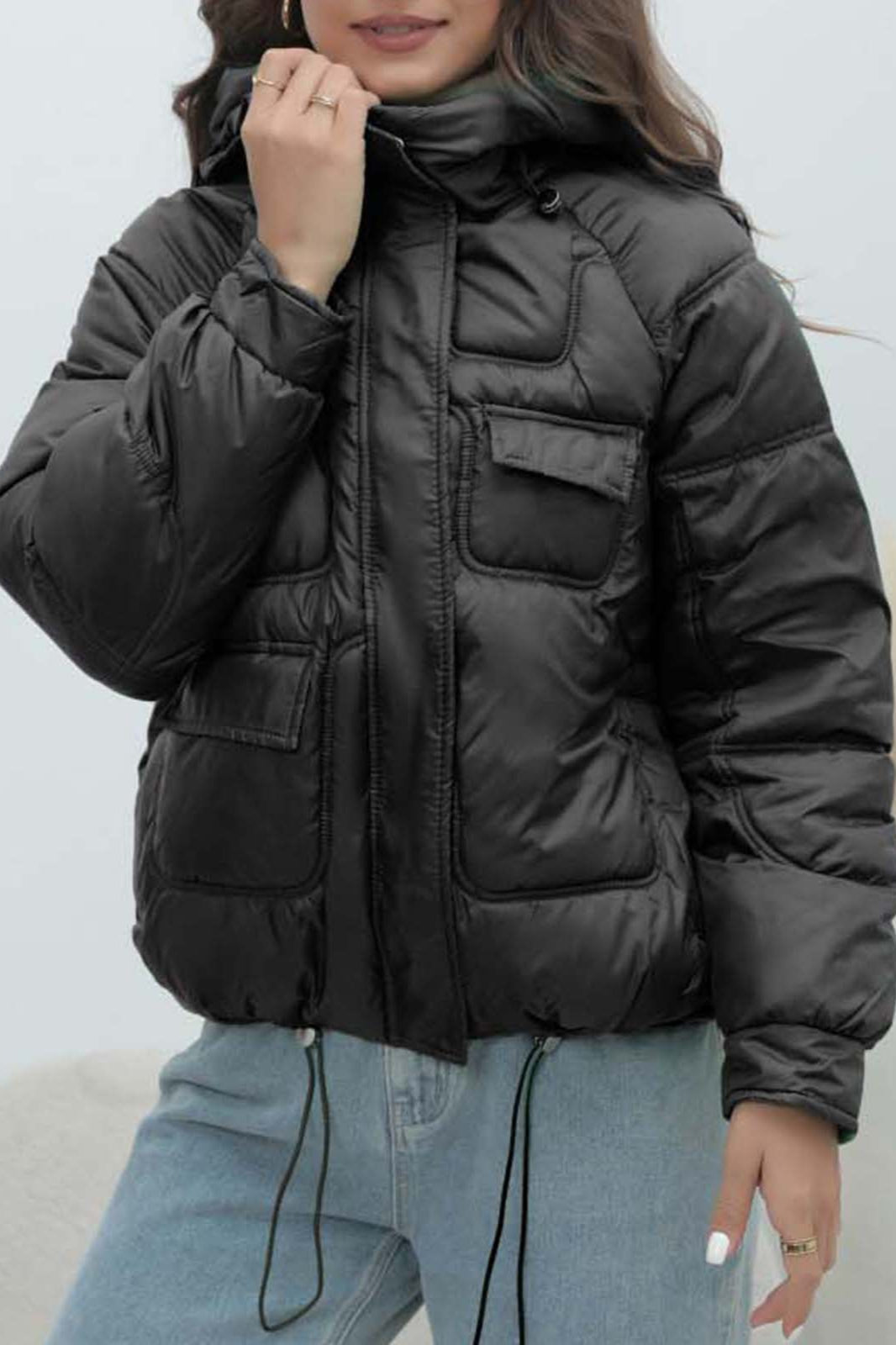 Bright colorful down coat with a short collar