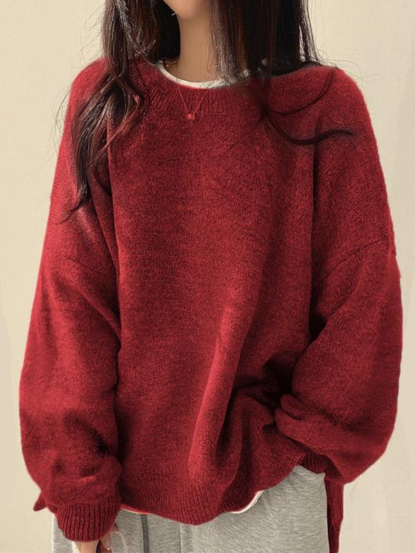 Women's Cozy Drop-Shoulder Sweater with Split Hem and Round Neck