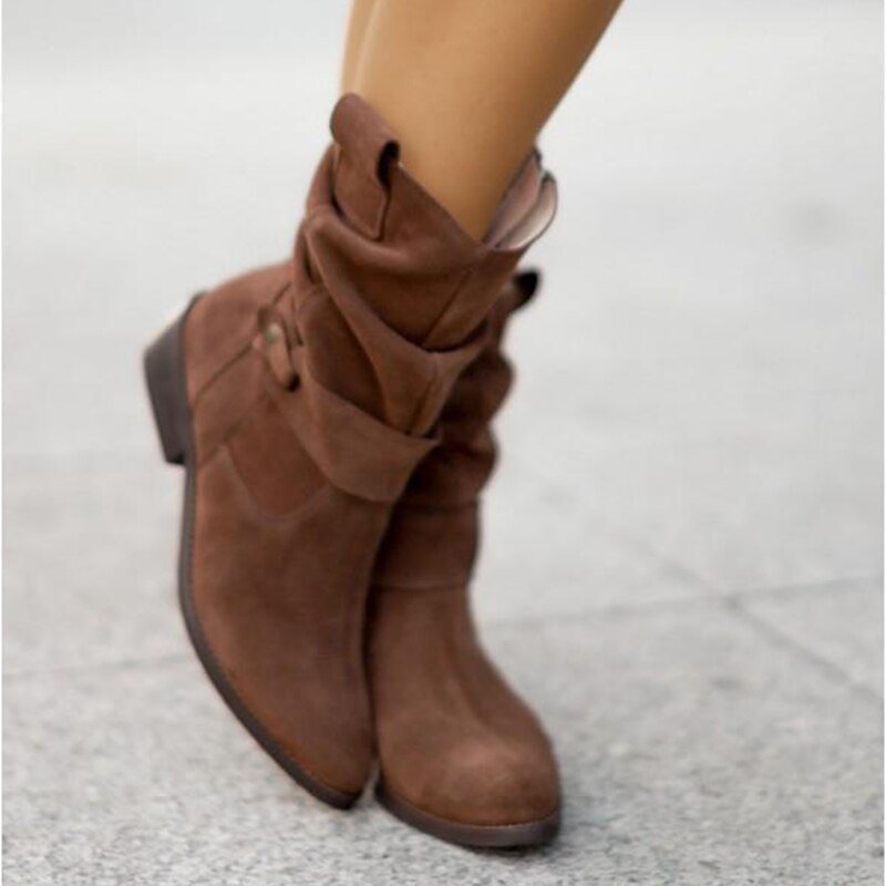 Women's Suede Ankle Boots - Slouchy Design, Low Heel and Buckle Strap Detail