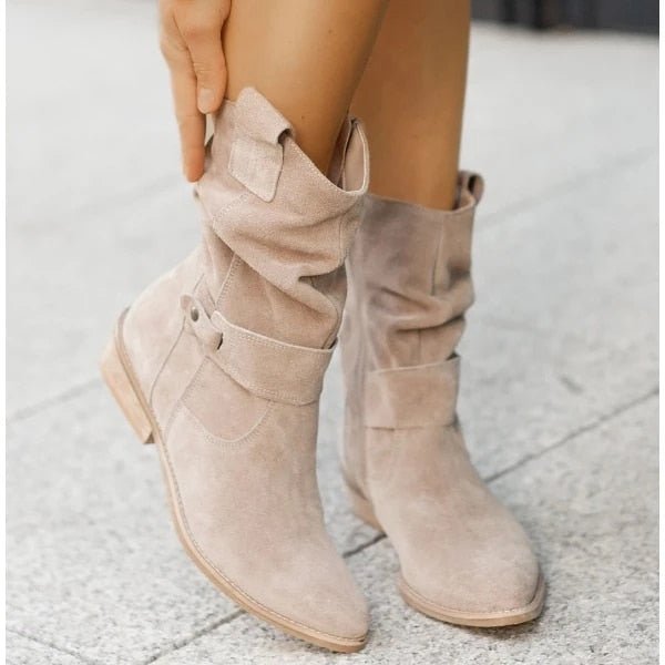 Women's Suede Ankle Boots - Slouchy Design, Low Heel and Buckle Strap Detail