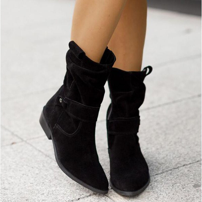 Women's Suede Ankle Boots - Slouchy Design, Low Heel and Buckle Strap Detail
