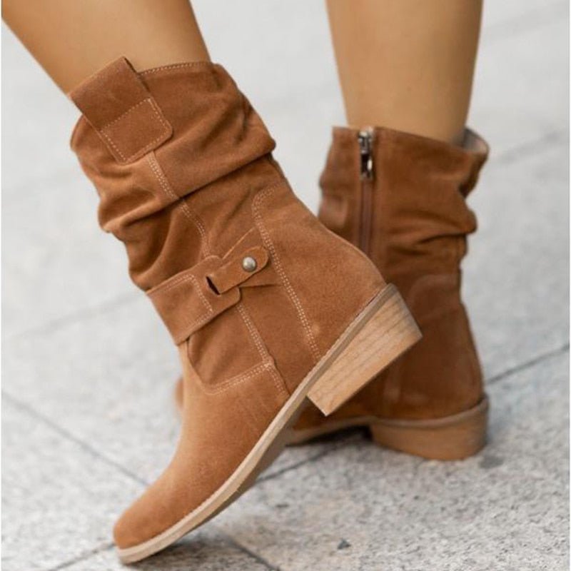 Women's Suede Ankle Boots - Slouchy Design, Low Heel and Buckle Strap Detail