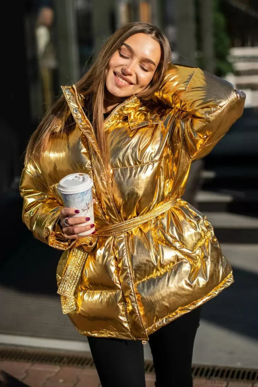 Metal Belt Coat with Pocket and Round Cotton Lining