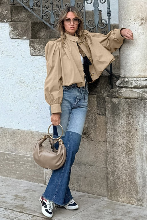 Short Khaki Puff Sleeve Trench Coat - Stylish and Chic Outerwear for Modern Look