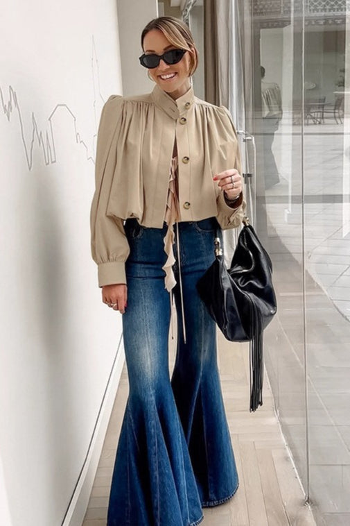 Short Khaki Puff Sleeve Trench Coat - Stylish and Chic Outerwear for Modern Look