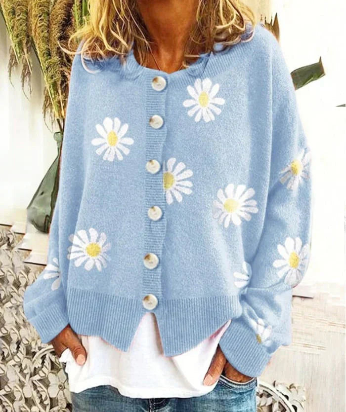 Women's Daisy-Embroidered Button-Down Cardigan with Floral Detail