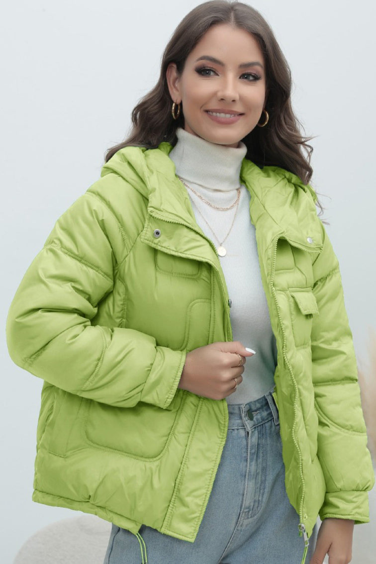 Bright colorful down coat with a short collar